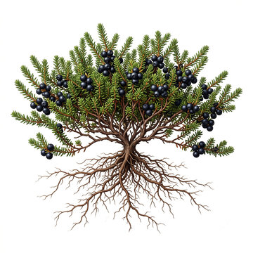 Crowberry shrub, mature evergreen plant bearing shiny black crowberries, exposed visible roots, 11 ratio, isolated on seamless pure white background, centered composition