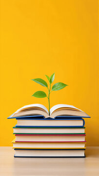 Green plant growing from open book on stack of textbooks. Concept of Knowledge Day, education, intellectual growth, learning, development and academic success. Botanical biology study.