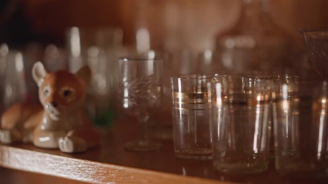 Warm close up glass ceramic fox on wooden shelf, collector display of vintage goblets and cups, soft bokeh and golden reflections, cozy nostalgic atmosphere with dusty patina and delicate etched
