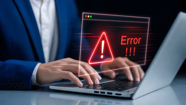 Businessman working on laptop with red error warning notification display.