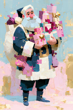 Oil painting of Santa Claus holding an armful of pink and gold wrapped gifts