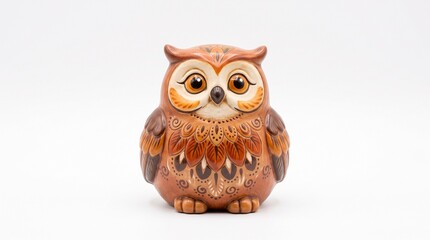Fototapeta premium Cute ceramic owl figurine with intricate brown and orange feather details and large expressive eyes on a white background