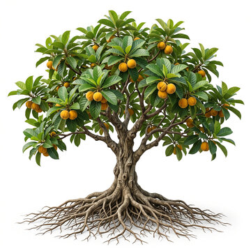 Lakoocha tree, mature full tree bearing round yellow-orange lakoocha fruits, exposed visible roots, 11 ratio, isolated on seamless pure white background, centered composition