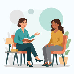 Fototapeta premium Therapy session with counselor and patient in cozy, flat design style, discussing mental health and well-being.