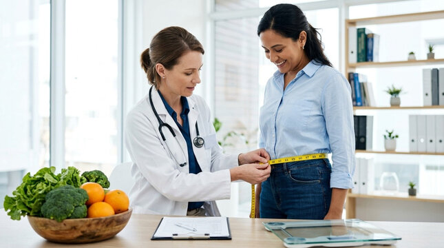 Female nutritionist in a white coat measuring the waist of a patient with a yellow tape measure during a weight loss consultation in a medical office with fresh vegetables.