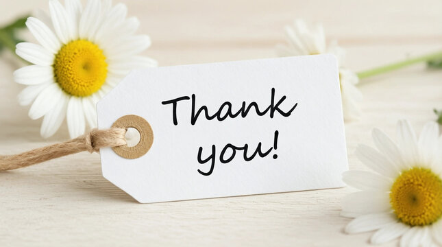 Handwritten thank you tag with daisies on wooden surface, perfect for gifts or gratitude messages