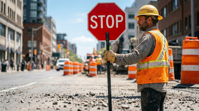 Construction worker in high-visibility safety vest and yellow hard hat holding a red stop sign on an urban road construction site with traffic barrels and city buildings.