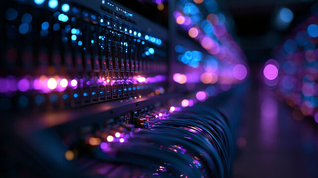 Data Center Server Rack with Glowing Purple and Blue Lights