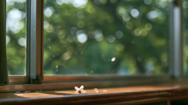 Fallen Blossom Petal on Wooden Windowsill in Sunlight