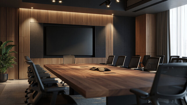 Modern Executive Boardroom Interior with Large Wooden Table