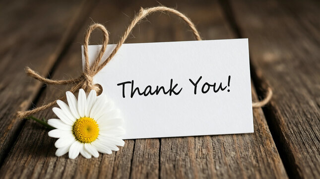 Handwritten thank you note on rustic wooden table with daisy flower and twine tag