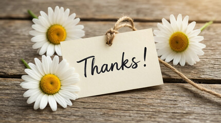 Obraz premium Handwritten thanks note with daisies on rustic wooden background for gratitude or appreciation message