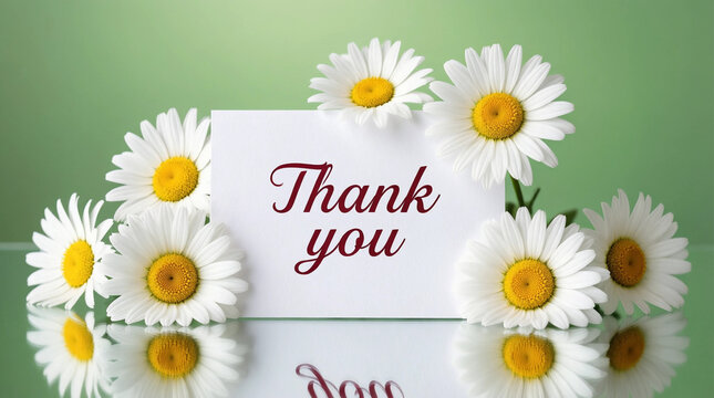 Thank you card surrounded by daisies on reflective surface with soft green background