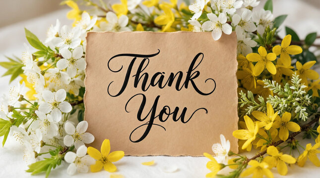 Handwritten thank you note surrounded by spring flowers and greenery for gratitude or greeting card design