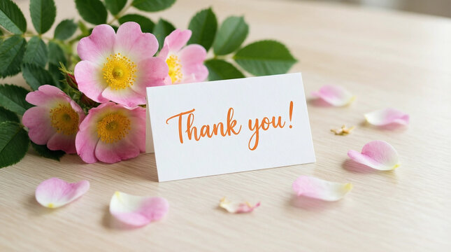 Thank you card with pink rose flowers and petals on wooden table for gratitude message