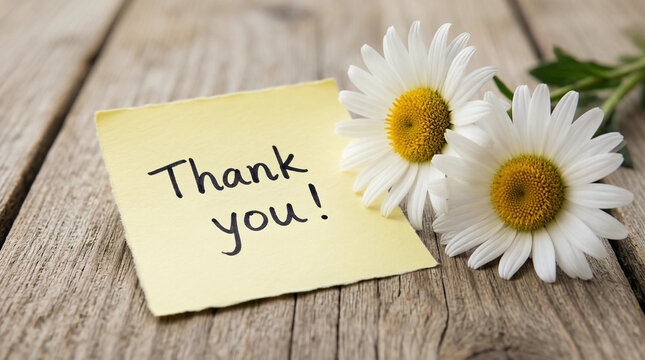 Handwritten thank you note on sticky pad with fresh daisies on rustic wooden table