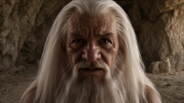 Wise Old Man with White Hair Opens and Closes Eyes Cave