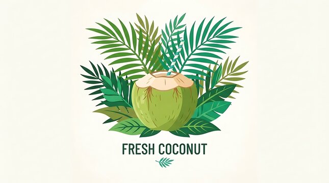 Tropical style, vivid flat vector artwork, coconut with fresh green palm fronds, and simple text
