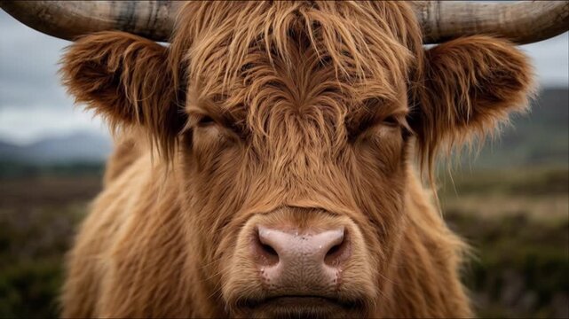 Highland Cow Blinking Eyes Portrait Close Up