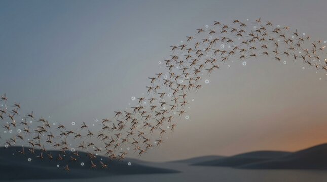 Swarm of mosquitoes flying over water representing West Nile virus transmission risk