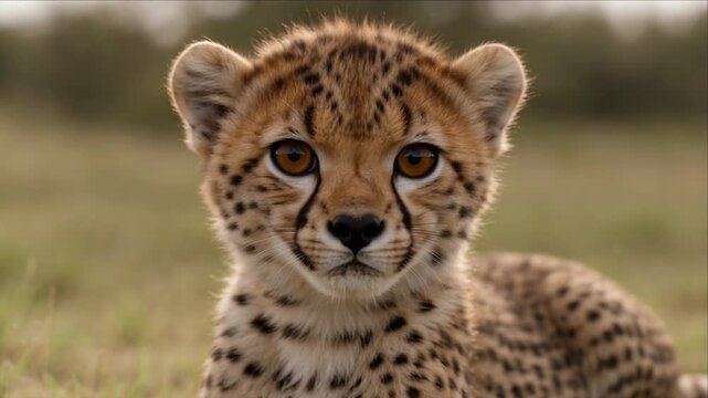 Cute Cheetah Cub Acinonyx jubatus Portrait in African Savanna