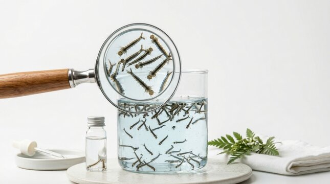 Mosquito Larvae in Water Sample Examined Under Magnifying Glass for Disease Control Research