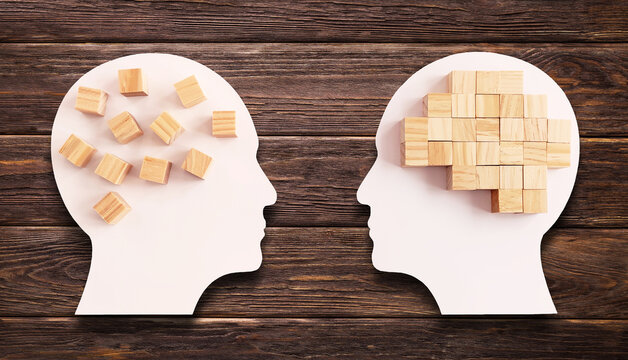 Different thinking, rational and irrational thinking concept. Mental health and problems with memory.	