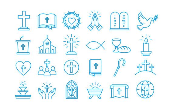 Set of christian religious icons featuring symbols of faith church elements and spiritual worship objects in line art