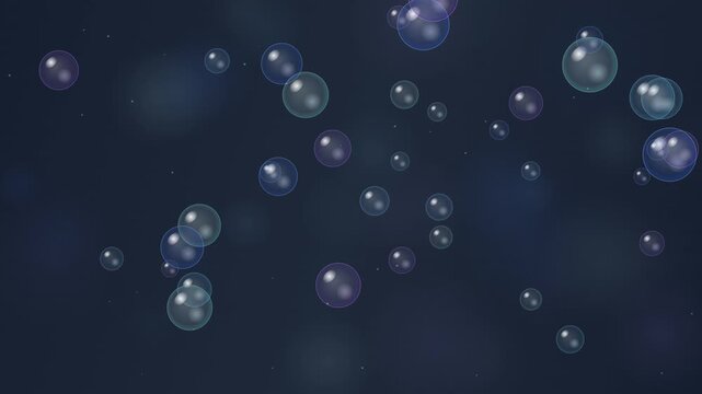 Transparent soap bubbles floating and drifting against a dark blue background