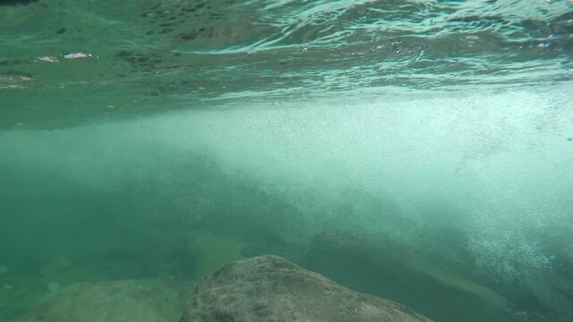 Underwater camera moves from forest cover into a fast foaming mountain river with raging flow.