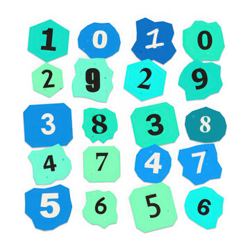 Set of colorful hand drawn number icons on blue and green patches isolated on transparent background