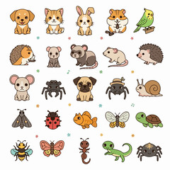 Fototapeta premium Set of cute cartoon animals and insects sticker collection.