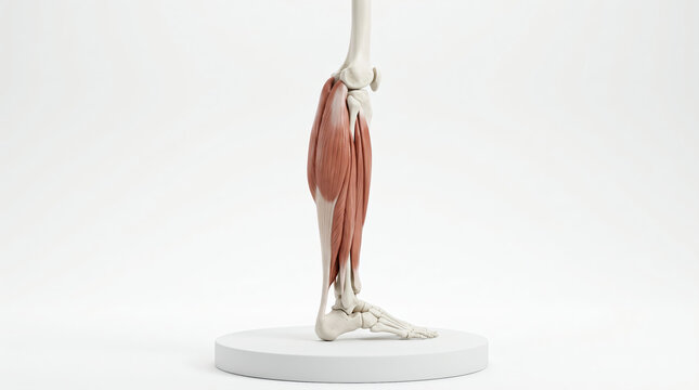Anatomical 3D rendering of human lower leg skeletal structure with detailed calf muscle groups isolated on a clean white studio background