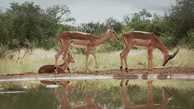 Common Impala group activity along waterhole, drinking, ruminating, grooming in Greater Kruger National park, South Africa ; Specie Aepyceros melampus family of Bovidae