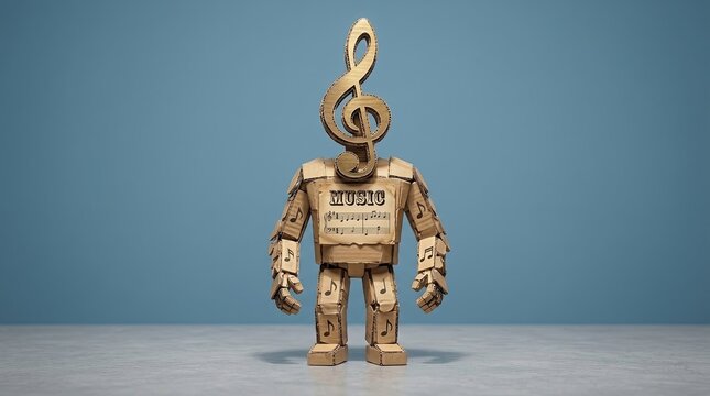 Musical Robot Art: A wooden robot with a treble clef for a head and musical notes on its body stands against a blue background, representing the fusion of technology and art.