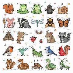 Fototapeta premium Set of cute woodland animals and insects in a flat cartoon style.