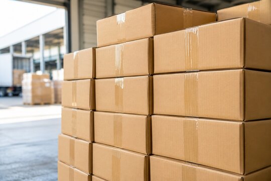 A close-up view of stacked brown cardboard shipping boxes inside a large industrial warehouse area.