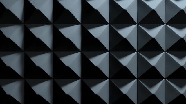 Dark geometric wall panel design featuring repetitive three dimensional pyramid shapes that create a modern aesthetic with sharp light and deep shadows for interior architectural decoration