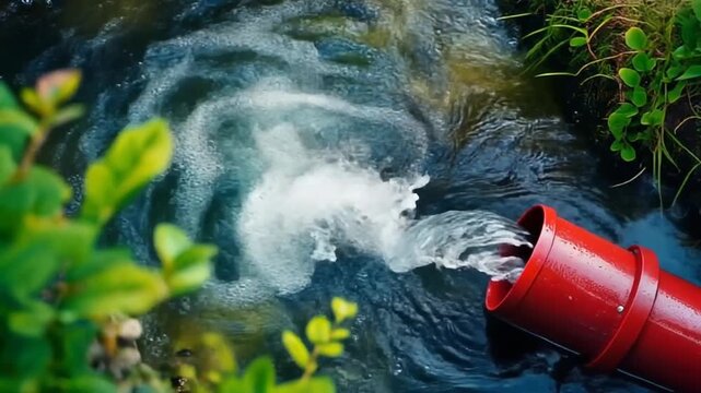 赤い太い配管の開口部から透明な水が勢いよく流れ緑の植栽を背景に飛沫を広げる爽やかで静かな存在感を示す