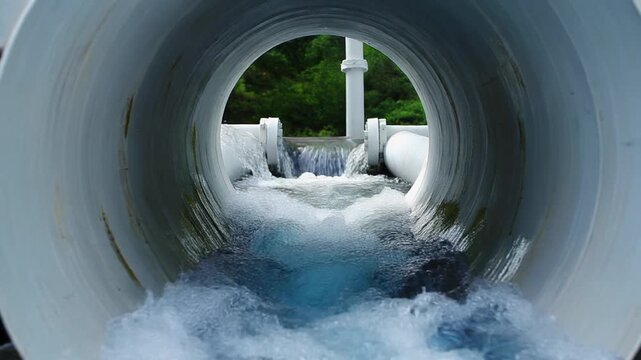 白い円形配管の開口部から透明な水が勢いよく流れ緑の自然を背景に飛沫を輝かせる爽やかで強い存在感を示す