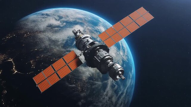 青く輝く地球の上空を人工衛星が周回し橙色の大型太陽電池板を宇宙へ広げる未来的で洗練された存在感を示す