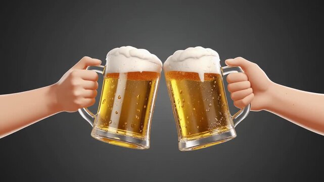 白い背景で成人男性と女性の腕が黄金色のビールジョッキを豪快に合わせ揺れる泡と水滴が爽快感を表している