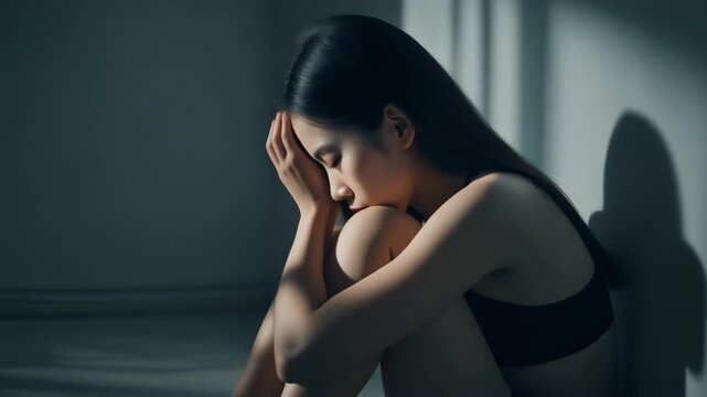 暗い室内で20代女性が膝を抱えて床に座り両手で頭を押さえながら孤独に沈む様子