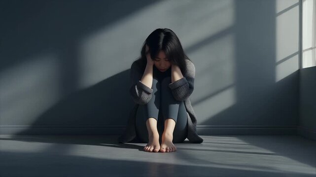 暗い室内で20代女性が膝を抱えて座り顔を伏せながら頭を抱え孤独と苦悩に沈む様子
