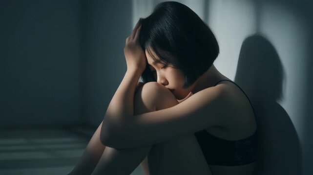 静かな室内で若い女性が膝を抱えて床に座り顔を伏せたまま両手で額を押さえる様子