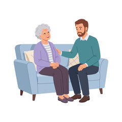 Obraz premium Young Man Comforting Senior Woman Sitting Together on a Sofa at Home