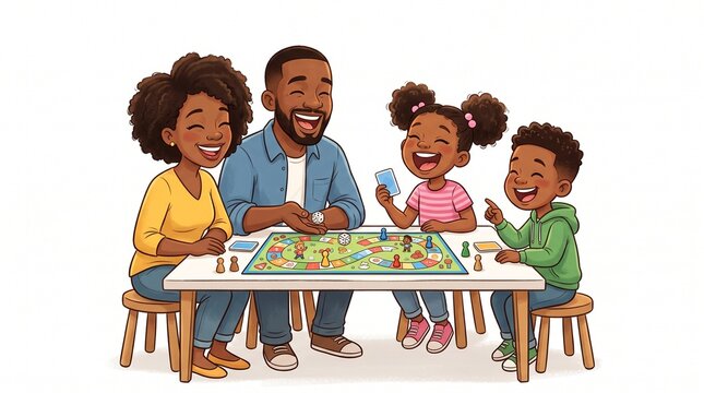 A happy Black family playing a colorful board game together at a table