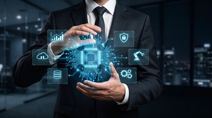 Fototapeta premium Businessman holding glowing digital microchip with virtual icons representing cloud computing database security and automation technology