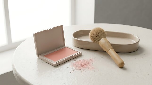 Pink blush powder compact and soft makeup brush on a bright table for beauty and skincare routine. beginner blush application 