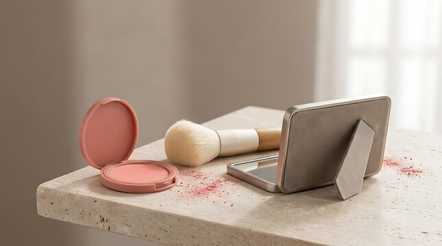 Pink makeup powder compact and soft cosmetic brush with a small mirror on a textured table surface. beginner blush application 